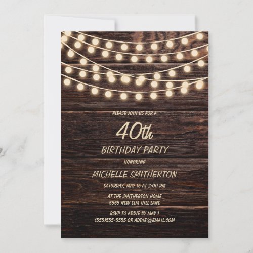 Rustic Barn Wood String Lights 40th Birthday Invitation