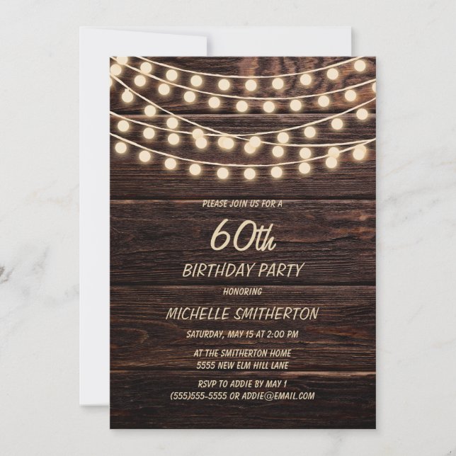 Rustic Barn Wood String Lights 60th Birthday Invitation (Front)
