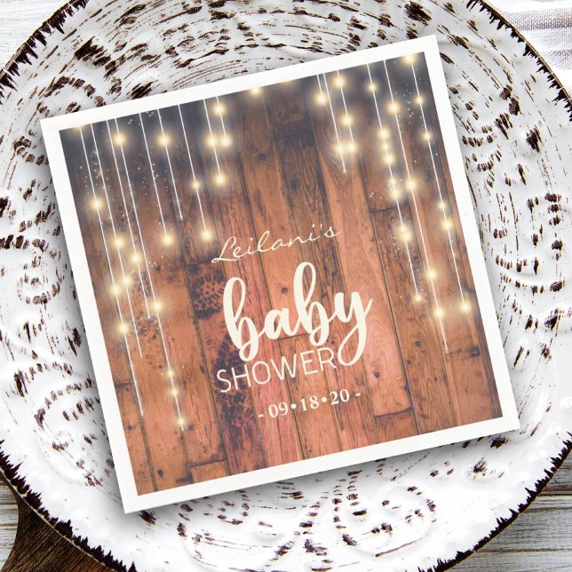 Rustic Barn Wood String Lights Baby Shower Napkins (Rustic wood string lights baby shower napkin is a perfect touch to your celebration.)