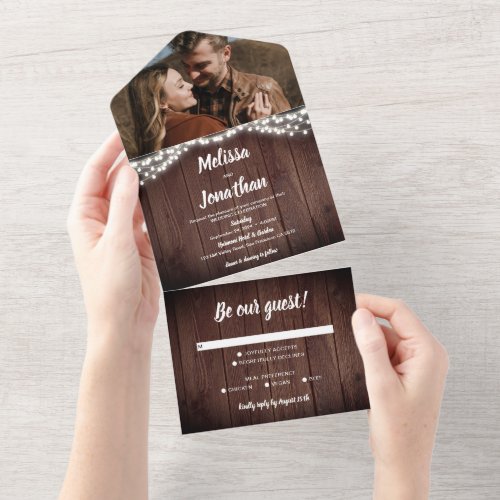 Rustic Barn Wood String Lights Beige Photo Wedding All In One Invitation