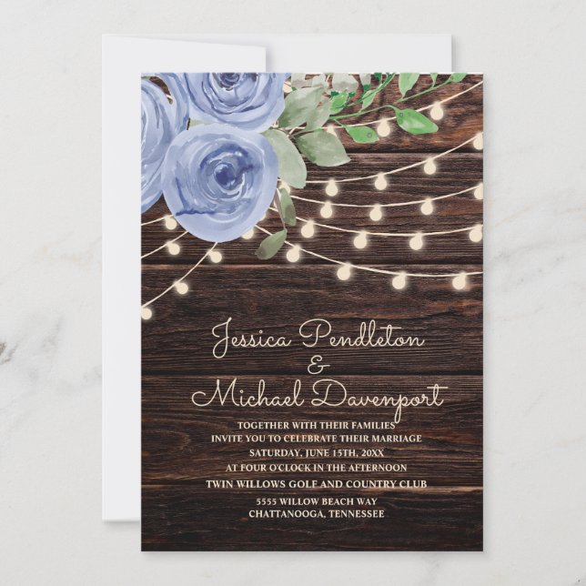 Rustic Barn Wood String Lights Blue Floral Wedding Invitation (Front)