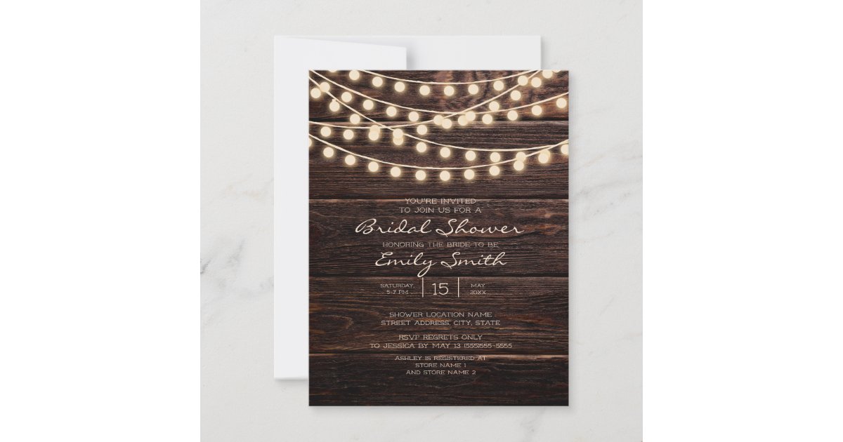 Rustic Barn Wood String Lights Bridal Shower Invitation | Zazzle