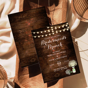 Rustic Barn Wood String Lights Bridesmaids Brunch Invitation