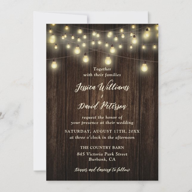 Rustic Barn Wood String Lights Country Wedding Invitation (Front)