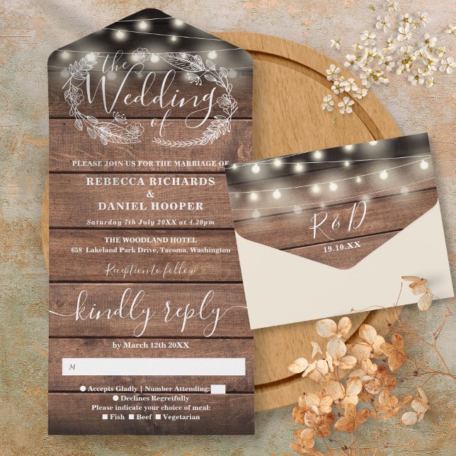 Rustic Barn Wood String Lights Floral Wedding All  All In One Invitation (Rustic Barn Wood String Lights Floral Wedding All All In One Invitation)