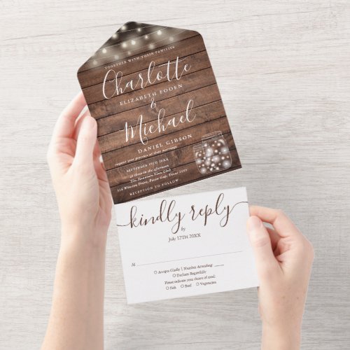 Rustic Barn Wood String Lights Mason Jars Wedding All In One Invitation