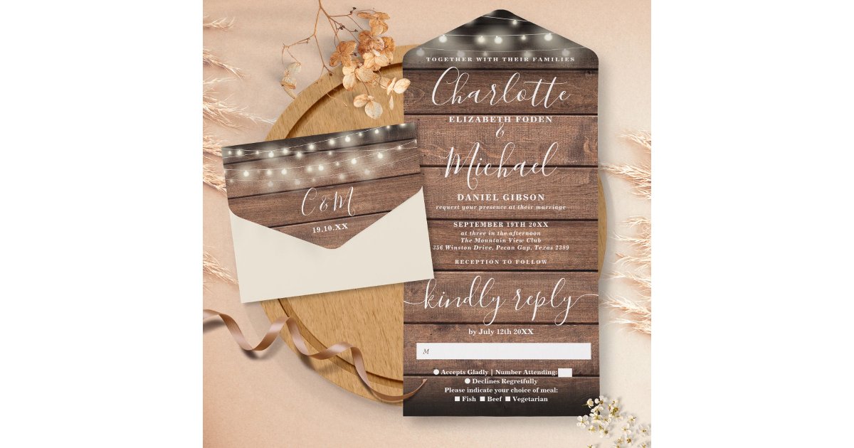 Rustic Barn Wood String Lights Monogram Wedding All In One Invitation ...