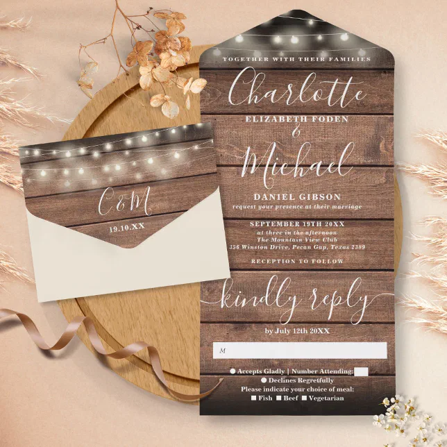 Rustic Barn Wood String Lights Monogram Wedding All In One Invitation ...