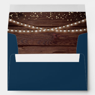 Rustic Barn Wood String Lights Navy Blue Wedding Envelope