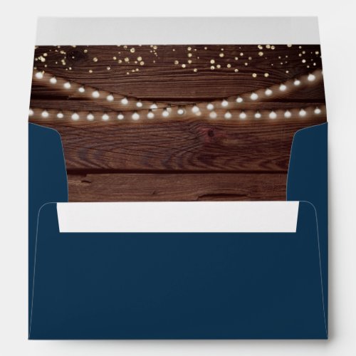 Rustic Barn Wood String Lights Navy Blue Wedding Envelope