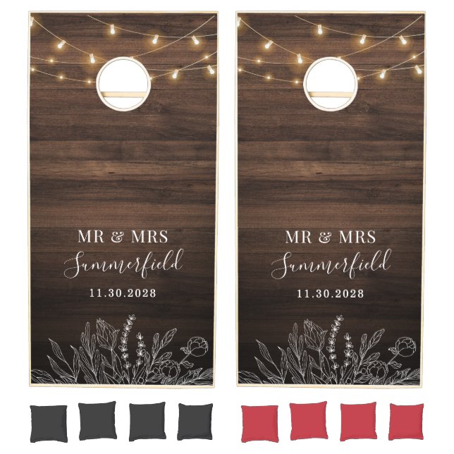 Rustic Barn Wood String Lights Newlyweds Cornhole Set (Set)