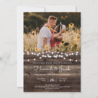 Rustic Barn Wood String Lights Photo Wedding Invitation