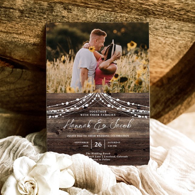 Rustic Barn Wood String Lights Photo Wedding Invitation (Creator Uploaded)