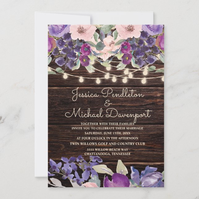 Rustic Barn Wood String Lights Purple Pink Floral Invitation (Front)