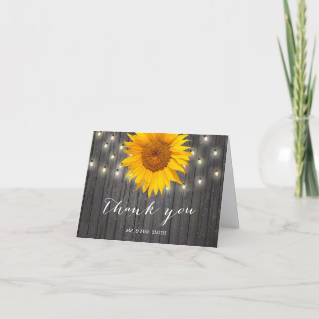 Rustic Barn Wood String Lights Sunflower Thank You (Front)