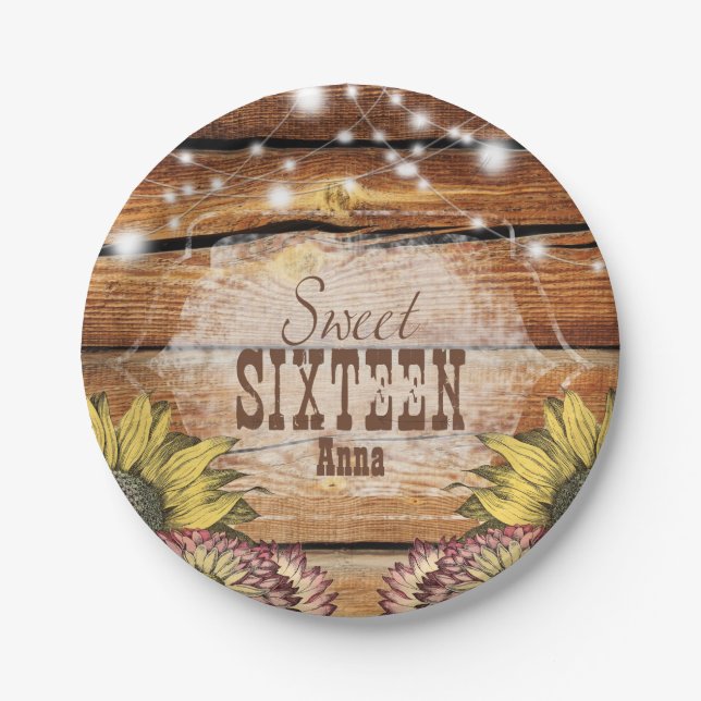 Rustic Barn Wood String Lights Sunflowers Paper Plates (Front)