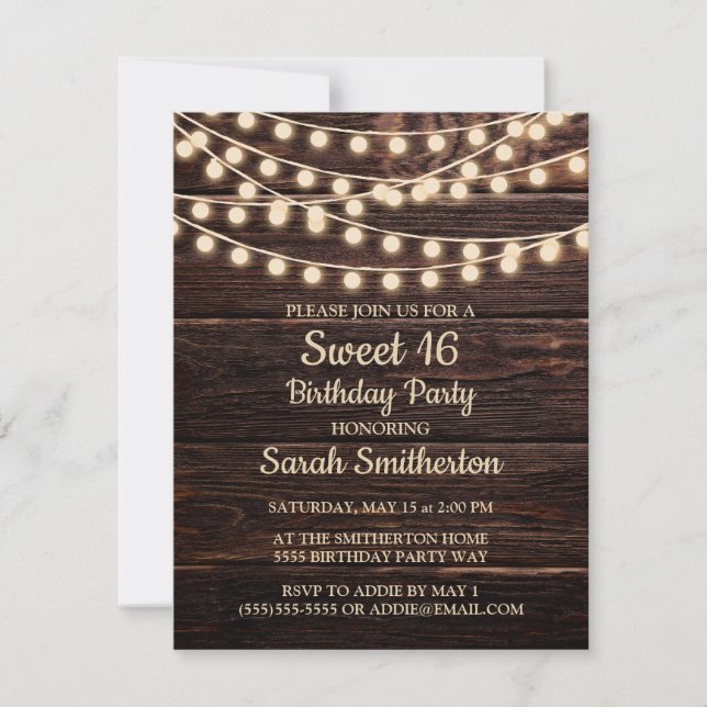 Rustic Barn Wood String Lights Sweet 16 Invitation (Front)