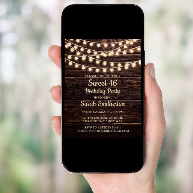 Rustic Barn Wood String Lights Sweet 16 Invitation (Front Digital)