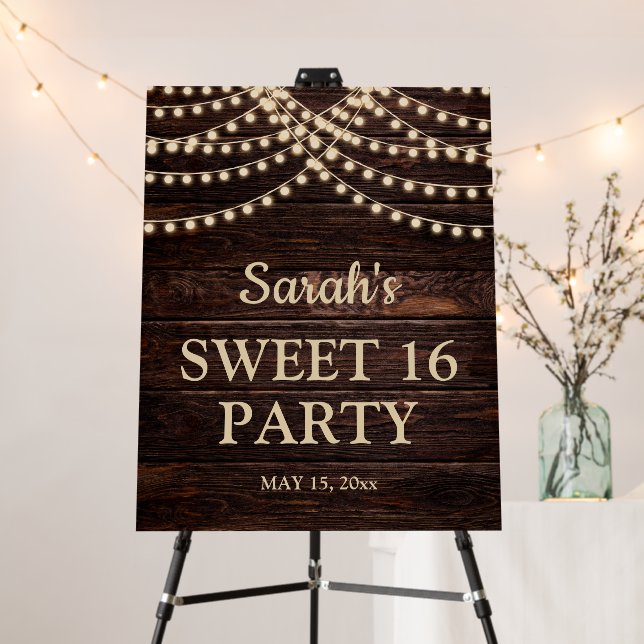 Rustic Barn Wood String Lights Sweet 16 Name Date  Foam Board (In Situ (Stand))