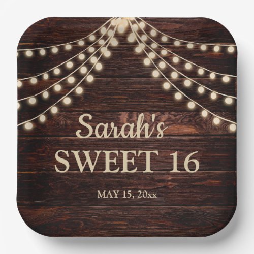Rustic Barn Wood String Lights Sweet 16 Name Date  Paper Plates