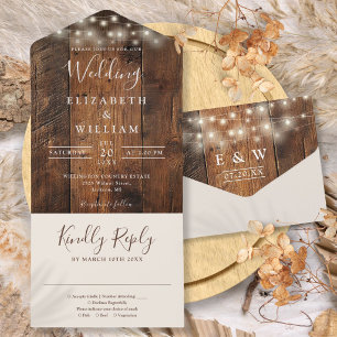 Rustic Barn Wood String Lights Wedding All In One Invitation