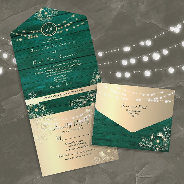 Rustic Barn Wood String Lights Wedding All In One Invitation (Creator Uploaded)