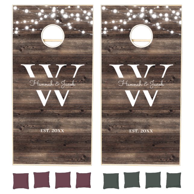 Rustic Barn Wood String Lights Wedding Cornhole Set (Set)