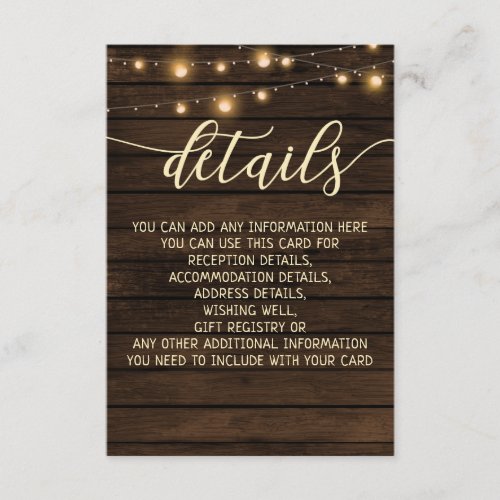 Rustic Barn Wood String lights wedding details Enclosure Card