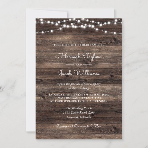 Rustic Barn Wood String Lights Wedding Invitation