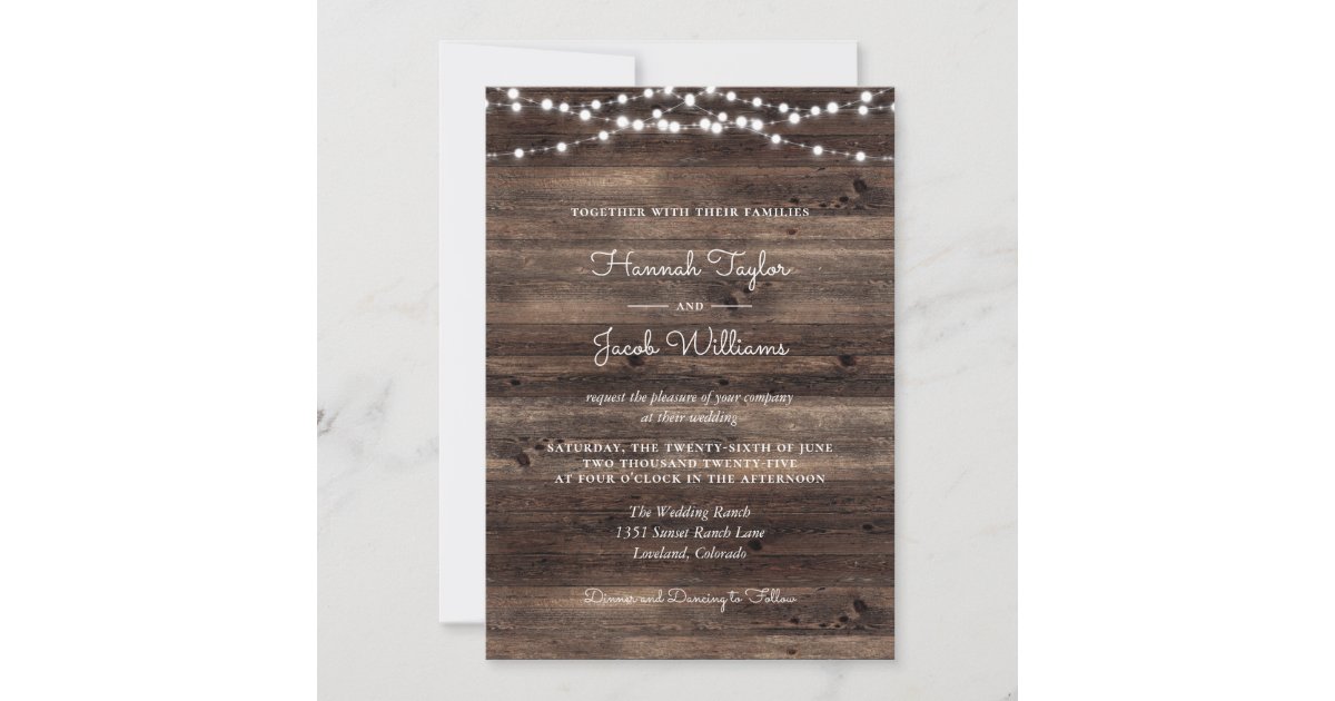 Rustic Barn Wood String Lights Wedding Invitation | Zazzle