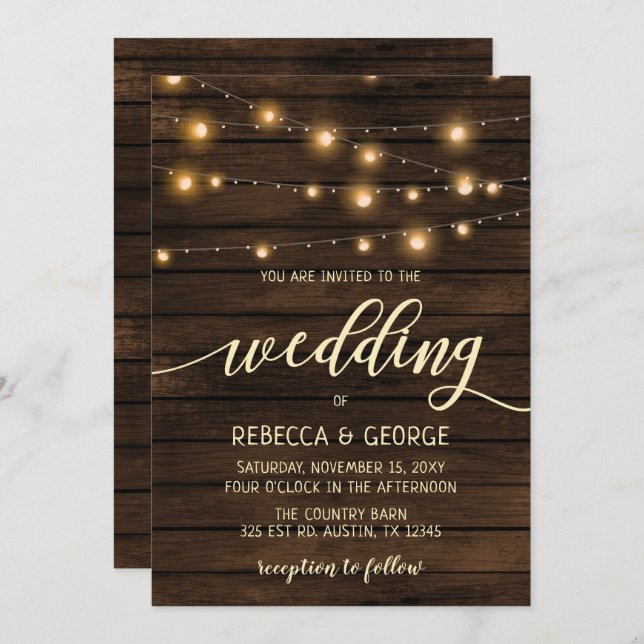 Rustic Barn Wood String lights Wedding invitations (Front/Back)