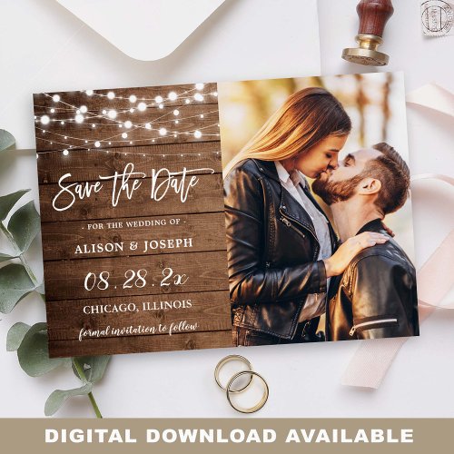 Rustic Barn Wood String Lights Wedding Photo Save The Date