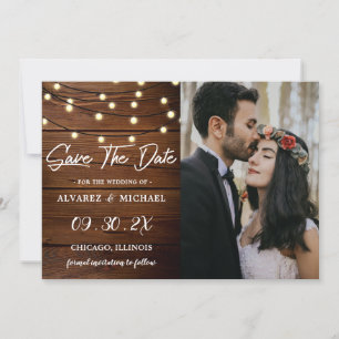 Rustic Barn Wood String Lights Wedding Photo Save The Date
