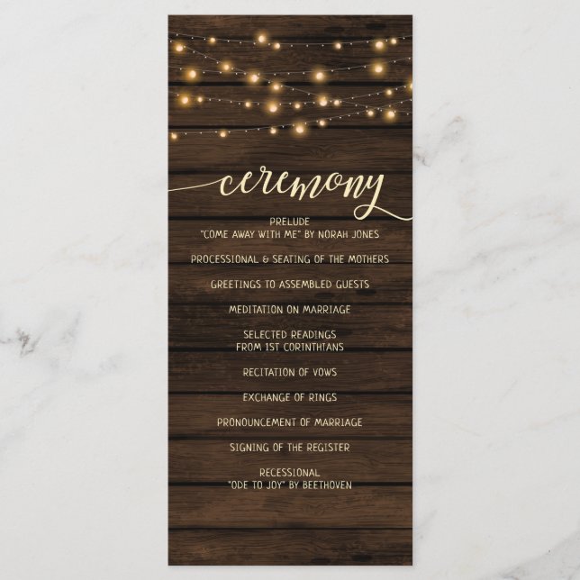 Rustic Barn Wood String lights Wedding programs (Front)