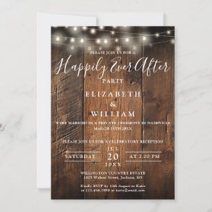 Rustic Barn Wood String Lights Wedding Reception Invitation