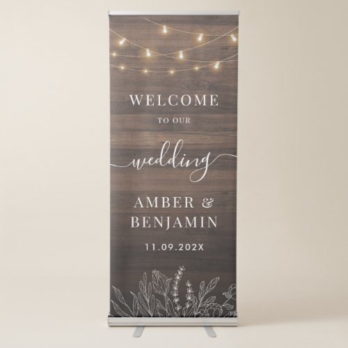 Rustic Barn Wood String Lights Wedding Retractable Banner