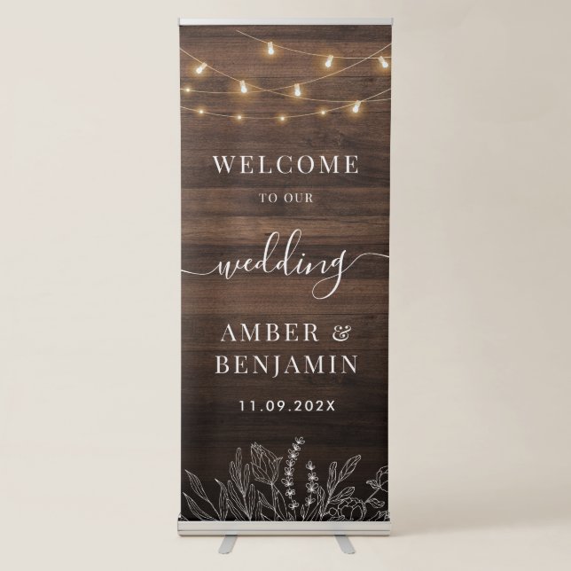 Rustic Barn Wood String Lights Wedding Retractable Banner (Front)