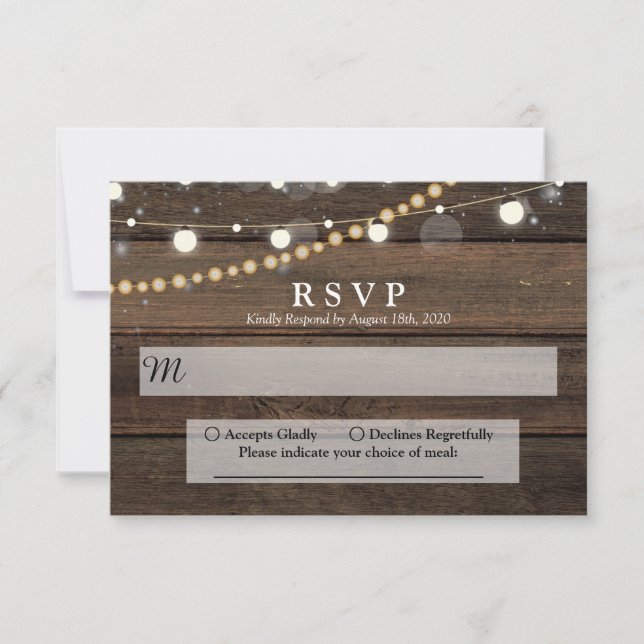 Rustic Barn Wood String Lights Wedding RSVP Card (Front)