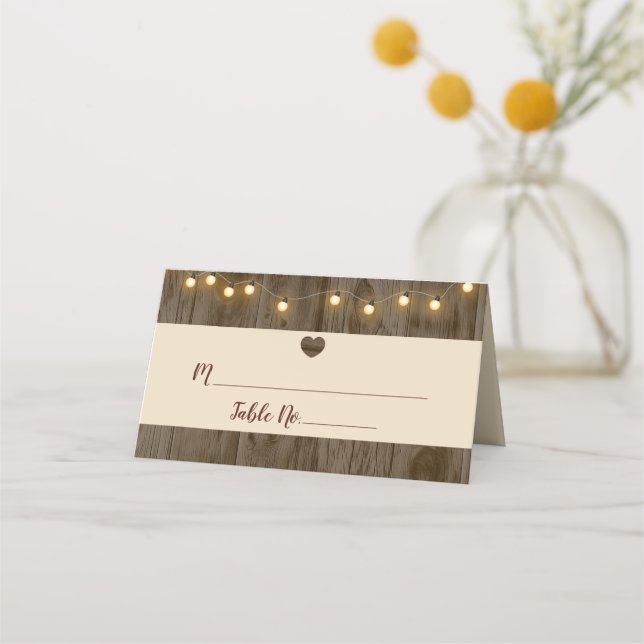 Rustic Barn Wood String Lights Wedding Table  Place Card (Front)