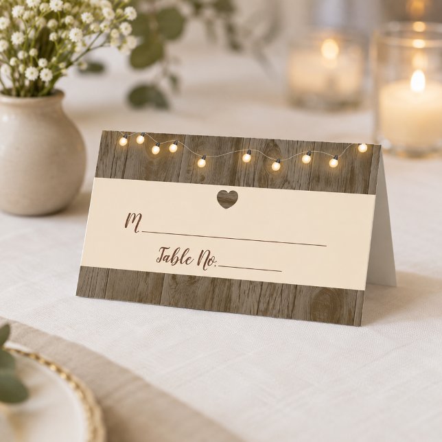 Rustic Barn Wood String Lights Wedding Table  Place Card (Rustic Wedding Place Card with Fairy Lights)