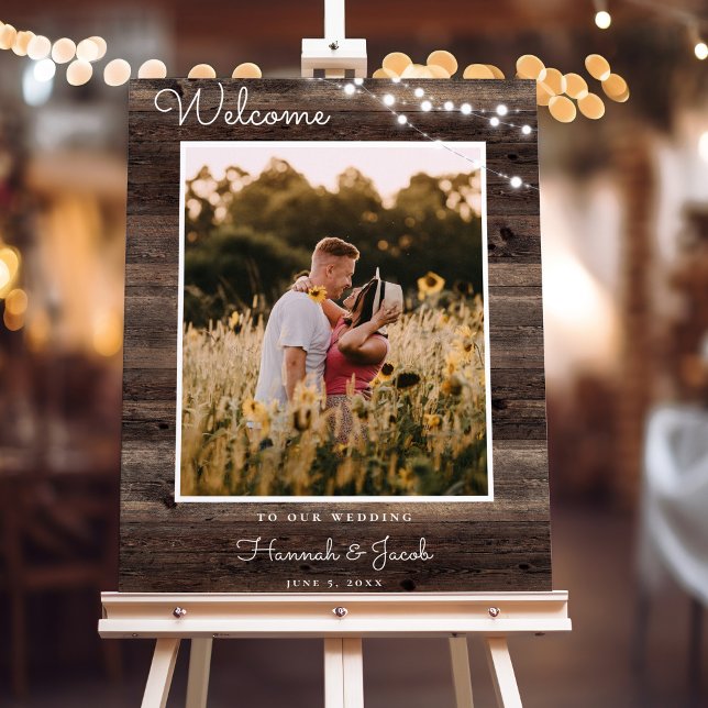 Rustic Barn Wood String Lights Wedding Welcome Foam Board (Creator Uploaded)