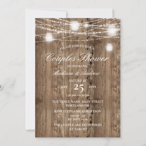 Rustic Barn Wood String of Lights Couples Shower Invitation