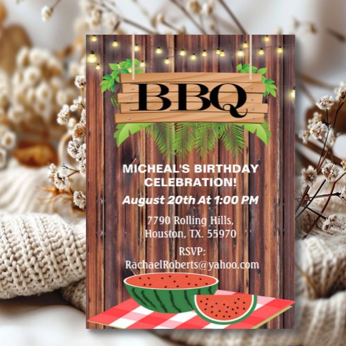 Rustic Barn Wood Stringlights BBQ Birthday  Inv Invitation