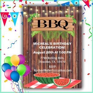 Rustic, Barn Wood, Stringlights, BBQ Birthday Inv Invitation