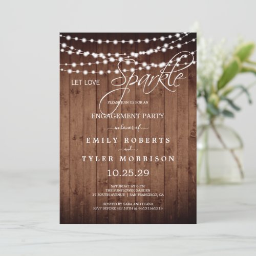 Rustic Barn Wood Strings Light Engagement Party   Invitation
