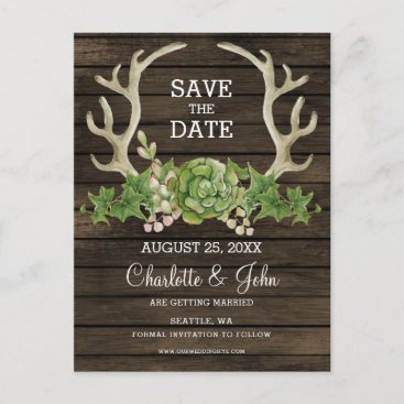Rustic Barn Wood Succulent Antlers Country Chic Announcement Postcard