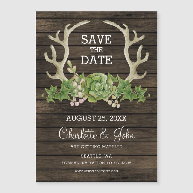 Rustic Barn Wood Succulent Antlers Save the Date A (Front)