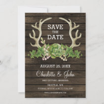Rustic Barn Wood Succulent Antlers Save the Date Announcement