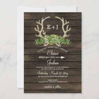 Rustic Barn Wood Succulent Antlers Wedding Invitation