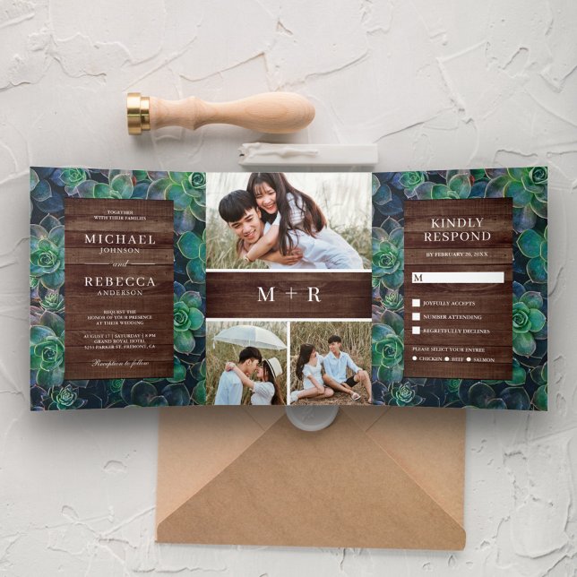 Rustic Barn Wood Succulents Photo Collage Wedding Tri-Fold Invitation (Creator Uploaded)